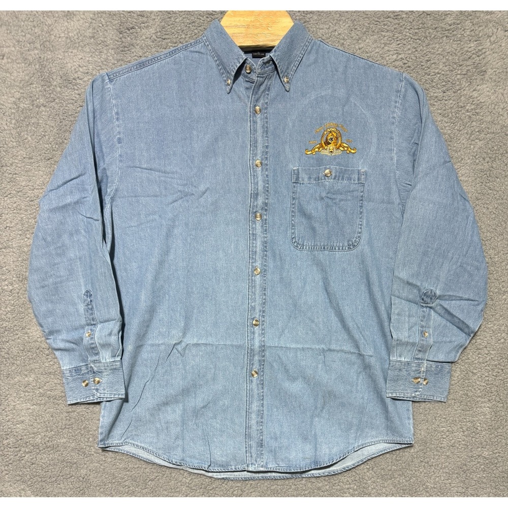 Vintage LA Loving x MGM Metro Goldwyn Mayer Logo Button up Blue Shirt Mens L Y2K